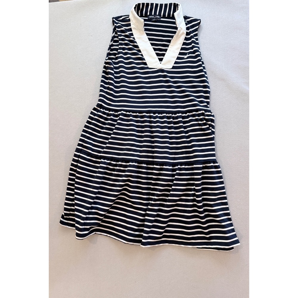 Nautica Jeans Womens Navy Blue White Striped Sleeveless Tiered V-Neck Mini Dress